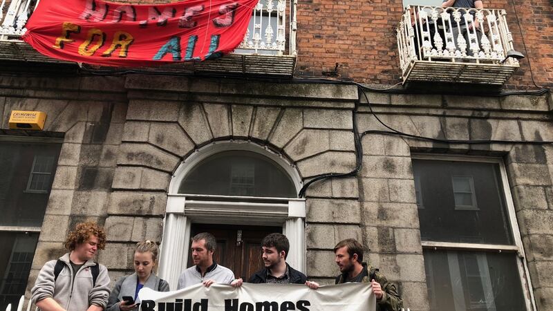 Protesters at 34 North Frederick Street, in the city centre. Photograph: Jack Power