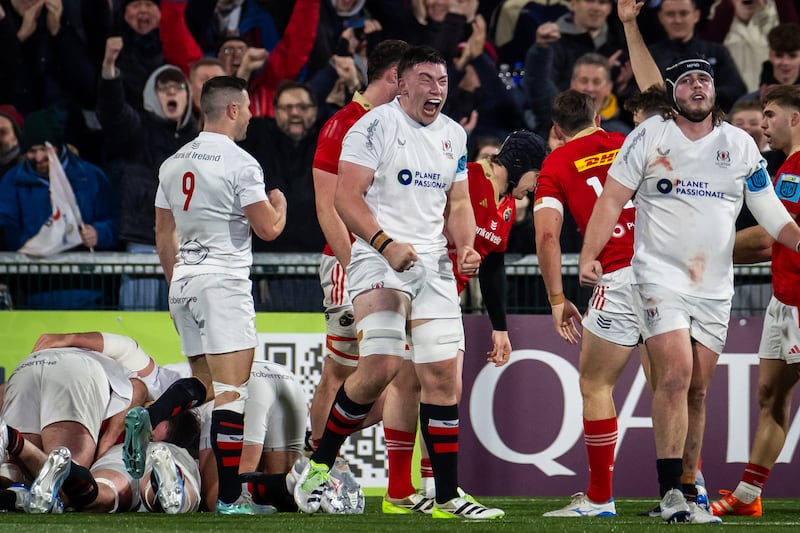 Ulster’s Harry Sheridan celebrates as James McNabney goes over for their third try. Photograph: Morgan Treacy/Inpho