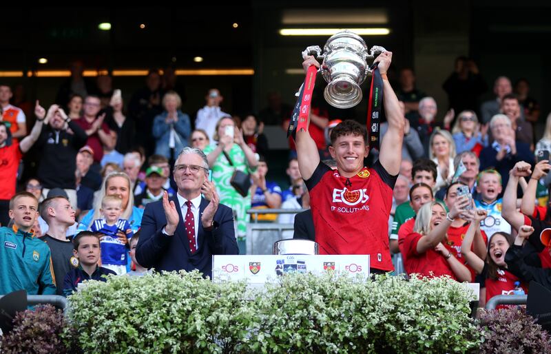 Down’s captain Pierce Laverty lifts the Tailteann Cup last year. Photograph: James Crombie/Inpho