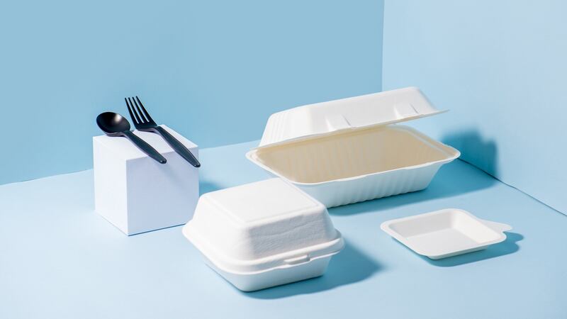 Disposable, compostable sugarcane containers and cornstarch cutlery