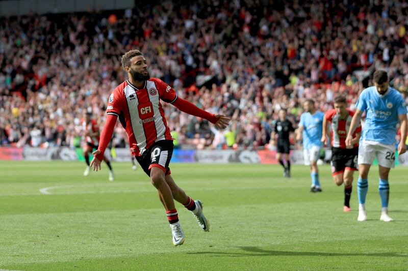 Sheffield United's Jayden Bogle celebrates his goal. Photograph: Bradley Collyer/PA