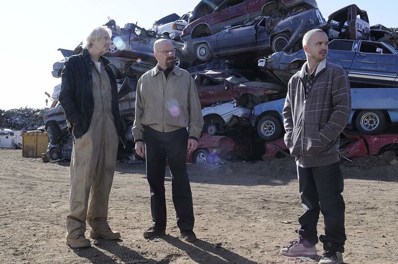 El Camino: Larry Hankin as Old Joe, Bryan Cranston as Walter and Aaron Paul as Jesse in Breaking Bad. Photograph: Ursula Coyote/AMC/Netflix