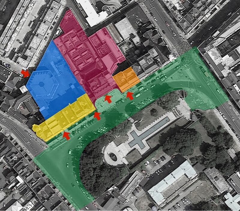 Parnell Square showing the new Dublin City Library site from the air. The buildings to the left and right of the Hugh Lane Gallery, plus a new build to the rear, will house the library.