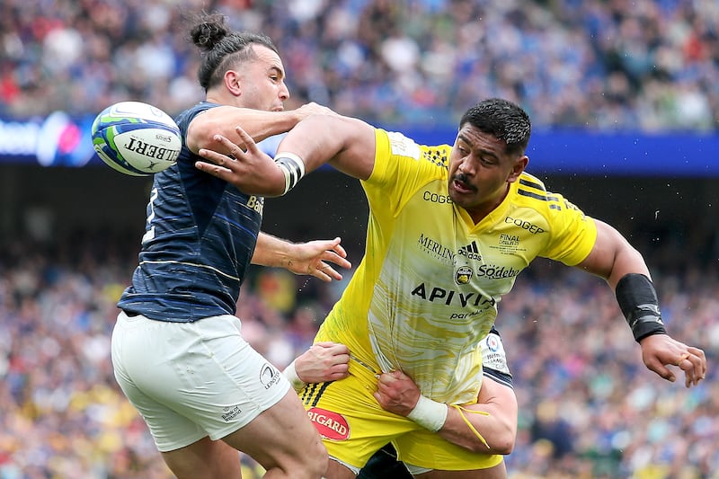 La Rochelle's Will Skelton battles with James Lowe during the 2023 Champions cup final at the Aviva Stadium. Photograph: Laszlo Geczo/Inpho