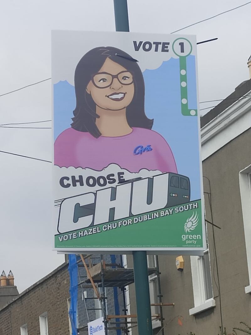 Election posters appearing to belong to Green Party candidate for Dublin Bay South Hazel Chu.