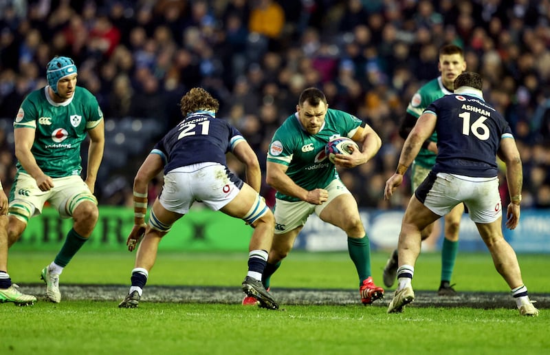 Ireland's Cian Healy runs at Scotland's Jamie Ritchie at Murrayfield. Photograph: Dan Sheridan/Inpho