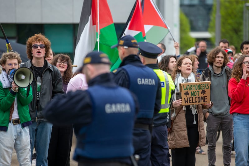 A protest outside UCD University Club where Speaker Emerita Nancy Pelosi received her honorary doctorate. Photograph: Tom Honan