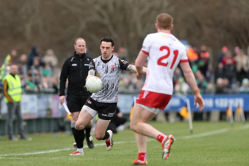 Tyrone goalkeeper Niall Morgan in action outfield during their Division 1 game against Donegal. Photograph: Bryan Keane/ Inpho