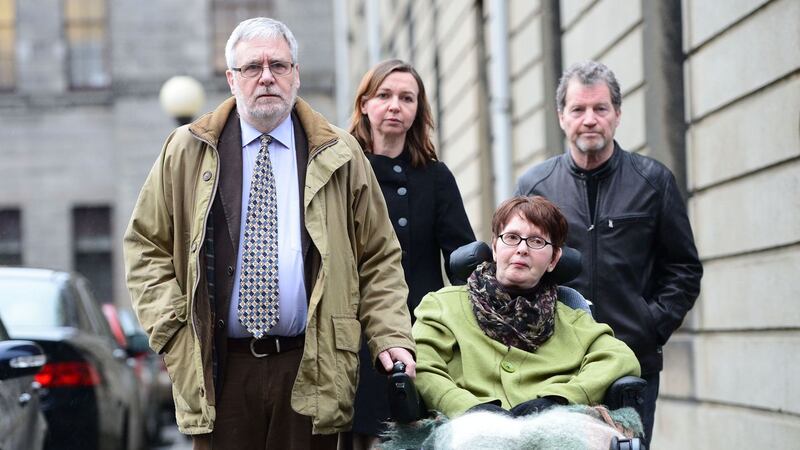 Marie Fleming with her partner Tom Curran (left) ,daughter Corrinna Moore, and family friend Brendan Gainey at the High Court in January this year after she lost her case challenging the absolute ban on assisted suicide. Photograph: Alan Betson/The Irish Times