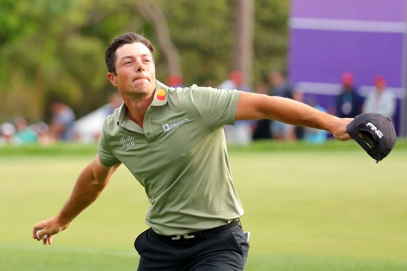 Viktor Hovland of Norway reacts on the 18th green after the final round of the Valspar Championship 2025 at Innisbrook Resort. Photograph: Douglas P. DeFelice/Getty Images