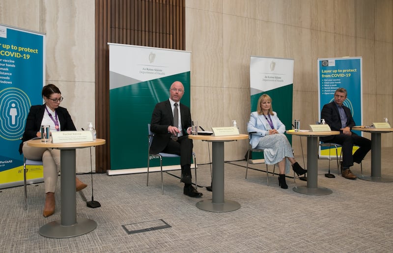 Prof Breda Smyth at a press briefing with the Minister for Health, Stephen Donnelly. Photograph: Gareth Chaney/ Collins Photos