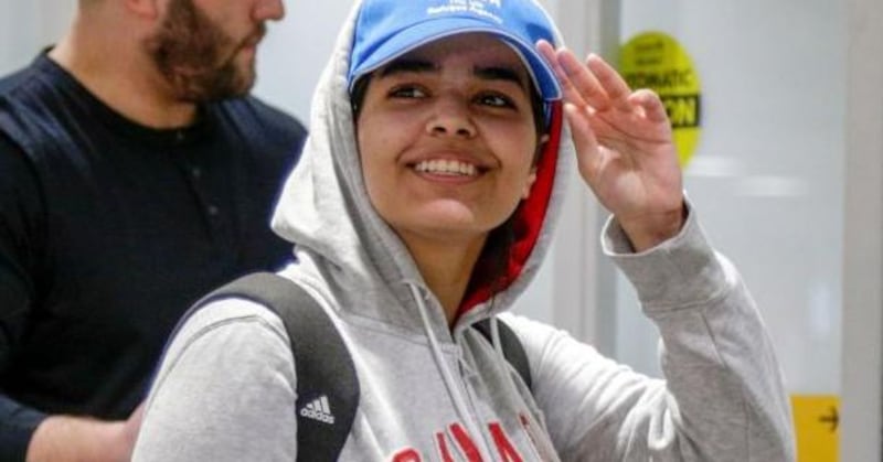 Rahaf Mohammed al-Qunun, who barricaed herself in Bangkok airport hotel room toprevent herself from bewing deported back to Kuwait, arrives at Toronto Pearson International Airport in Toronto, Canada after being granted asylum status in the country on January 12th, 2019. Photograph: Reuters