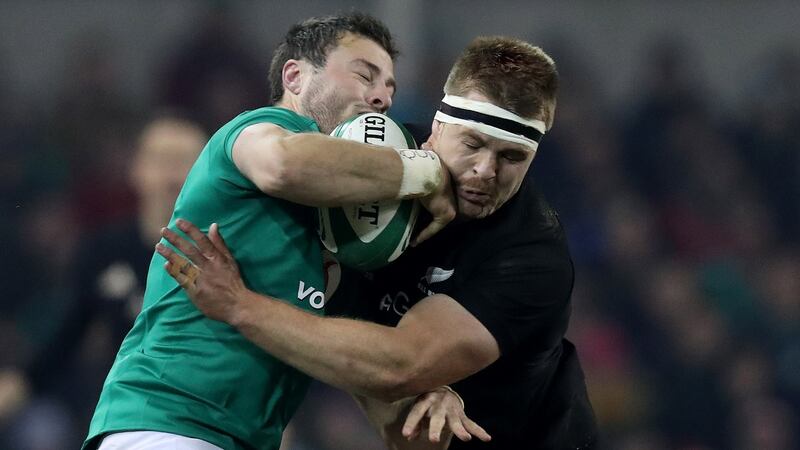 Sam Cane tackles Robbie Henshaw during New Zealand’s win in Dublin on November 19th 2016. Photograph: Billy Stickland/Inpho