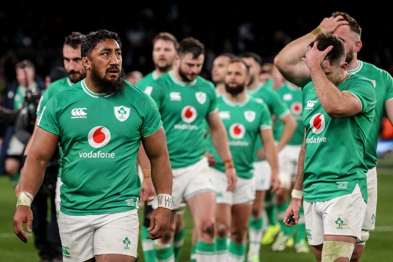 Bundee Aki and Hugo Keenan dejected after Ireland's loss to England in last year's Six Nations at Twickenham. Photograph: Dan Sheridan/Inpho