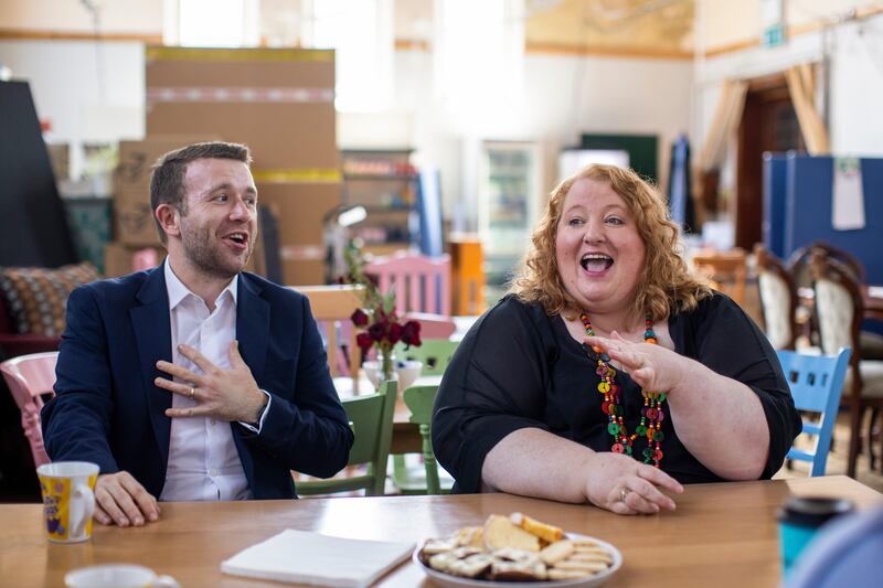 Long with her Alliance party colleague Peter McReynolds MLA at the Larder food bank in east Belfast. Photograph: Liam McBurney/The Irish Times
