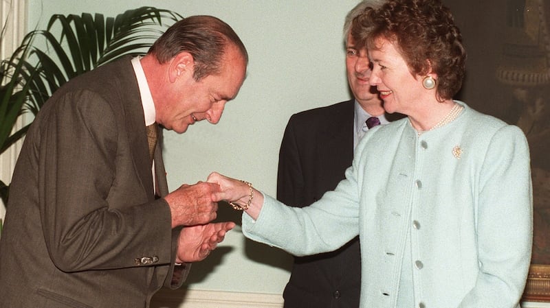 President Mary Robinson, meets the French president Jacques Chirac at a lunch which she hosted in honourof the members the European Council and the President of the European Parliament at the Royal Hospital, Kilmainham, Dublin in 1996. File photogrpah: Paddy Whelan