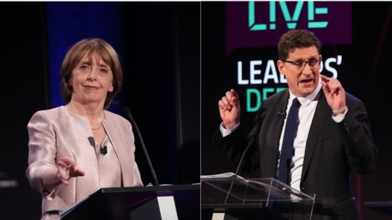 Social Democrats co-leader Róisín Shortall and Green Party leader Eamon Ryan are pictured during the seven-way RTÉ leaders debate at NUI Galway (NUIG) on Monday. Photograph: Niall Carson/PA.