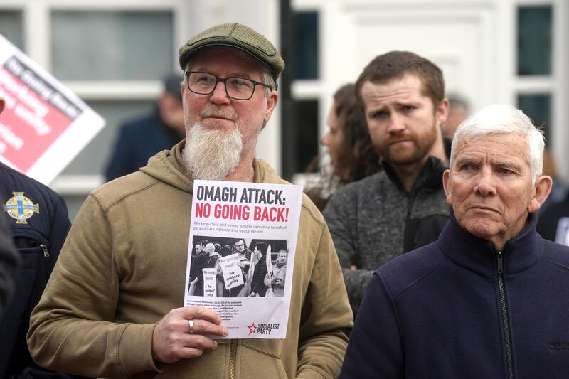 People taking part in a rally outside Omagh Courthouse to unite against paramilitary violence following the shooting of Detective Chief Inspector John Caldwell. Photograph: Brian Lawless/PA