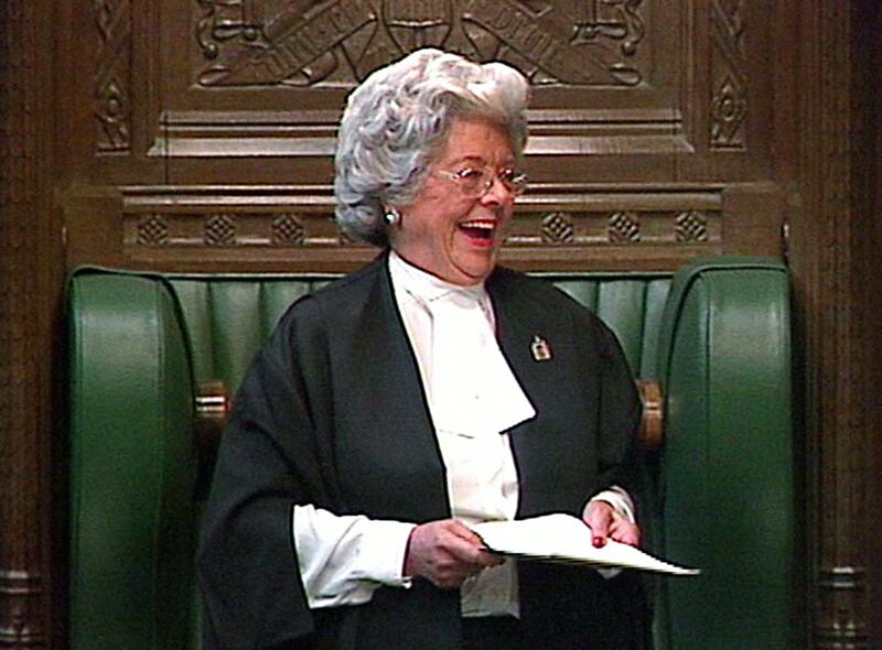 A video grab of Betty Boothroyd, marking her retirement as speaker of the House of Commons with a speech to MPs. Photograph: PA