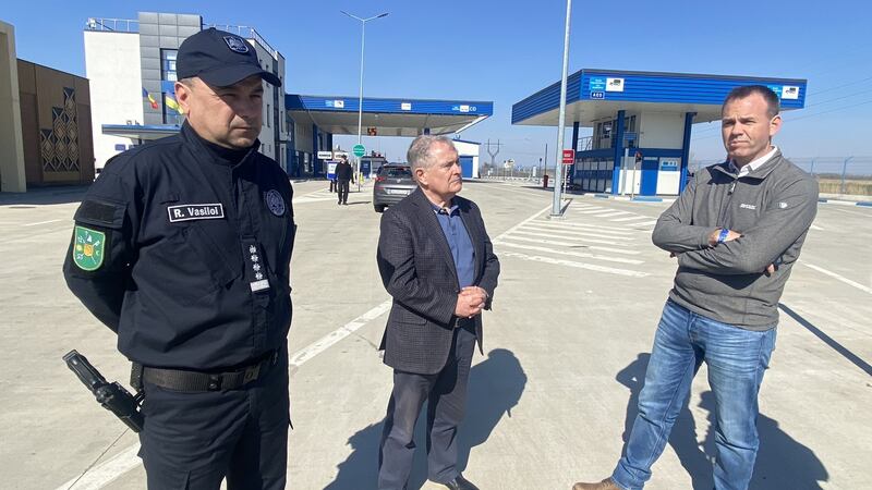 Moldovan border police chief Rosian Vasiloi (head of the general inspectorate of border police) with Brendan Howlin and John Brady of Sinn Féin. Photograph: Simon Carswell