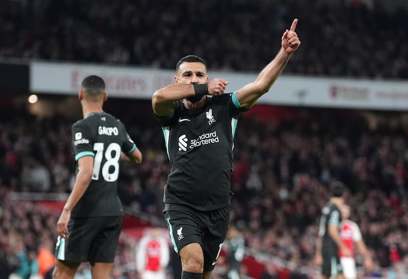 Mohamed Salah celebrates scoring Liverpool's equaliser against Arsenal. Photograph: Adam Davy/PA