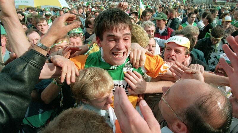 Johnny Pilkington celebrates with Offaly  fans after the 1994 All-Ireland final win. Photograph: James Meehan/Inpho