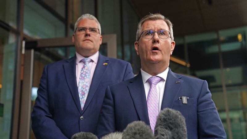 DUP leader Jeffrey Donaldson (right) with MP Gavin Robinson outside the Grand Central Hotel in Belfast following his meeting with Taoiseach Micheál Martin. Photograph: Brian Lawless/PA