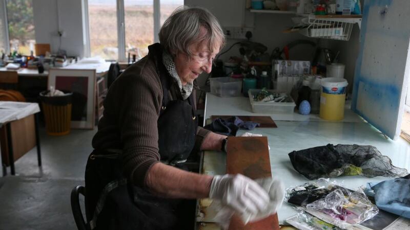 Fine Art Printmaker Margaret Irwin at work in her studio at Claddaghduff, Connemara, Co. Galway. Photograph: Joe O’Shaughnessy