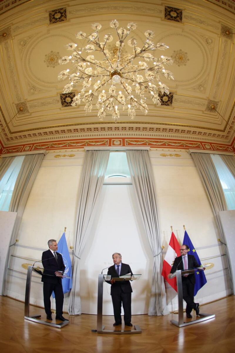 Austrian chancellor Karl Nehammer (left), UN secretary-general Antonio Guterres (centre) and Austrian foreign minister Alexander Schallenberg at   a news conference at the Austrian chancellery in Vienna. Photograph: Heinz-Peter Bader/EPA