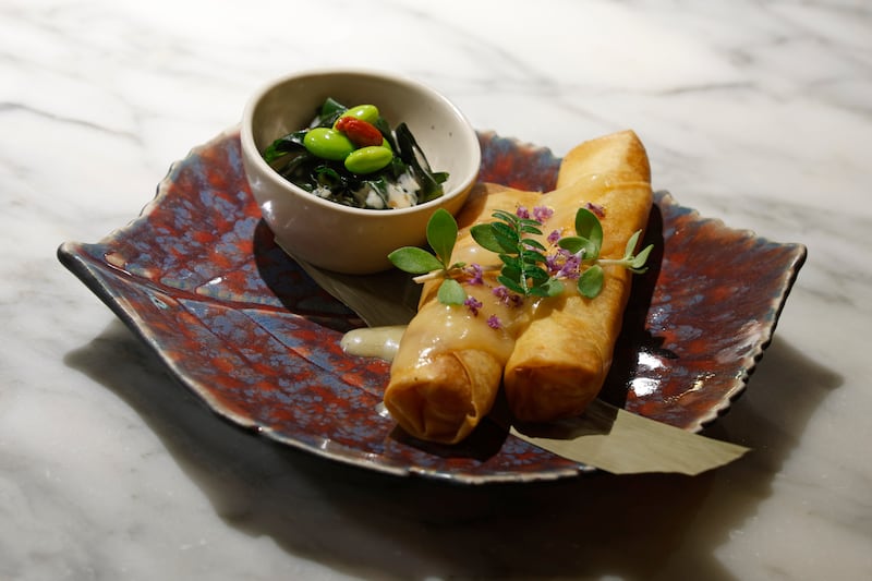 Kaldero's lobster and prawn spring rolls, ginger butter sauce and edamame salad. Photograph Nick Bradshaw