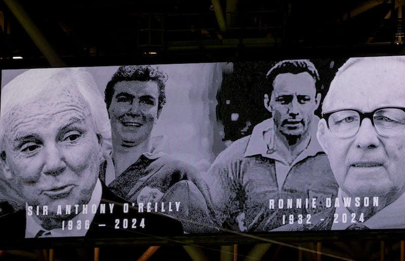 A moment's silence in memory of Sir Anthony O'Reilly and Ronnie Dawson on November 8th at the Aviva Stadium before Ireland played New Zealand in the Autumn Nations Series. Photograph: Ken Sutton/Inpho