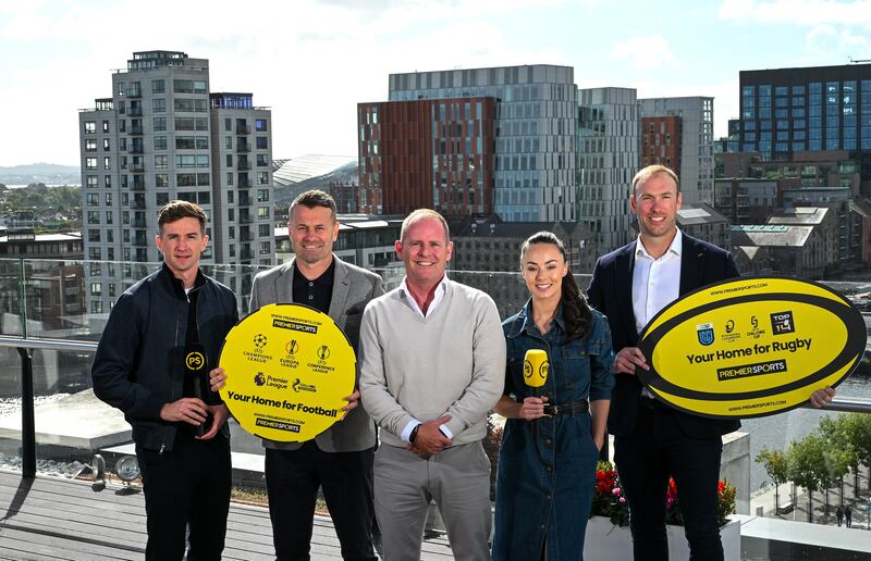 Ryle Nugent (centre) of Premier Sports with (from left) UCD footballer Ronan Finn, former Republic of Ireland goalkeeper Shay Given, presenter Aisling O'Reilly and former Ireland and Ulster rugby player Stephen Ferris at the launch of Premier Sports' autumn soccer and rugby schedule in September. Photograph: David Fitzgerald/Sportsfile