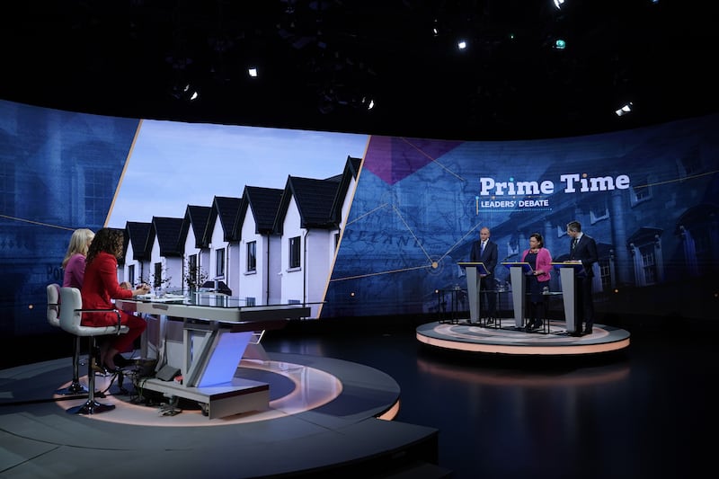 The leaders' debate presented by Miriam O'Callaghan and Sarah McInerney at the RTÉ studios on Tuesday night. Photograph: Niall Carson/PA Wire