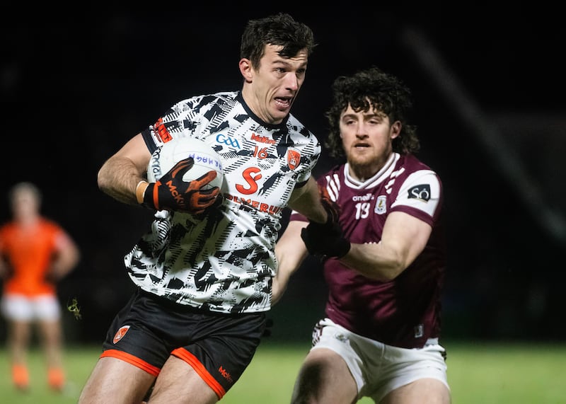 Galway's Kieran Molloy challenges Armagh goalkeeper Ethan Rafferty. Photograph: Evan Logan/Inpho  