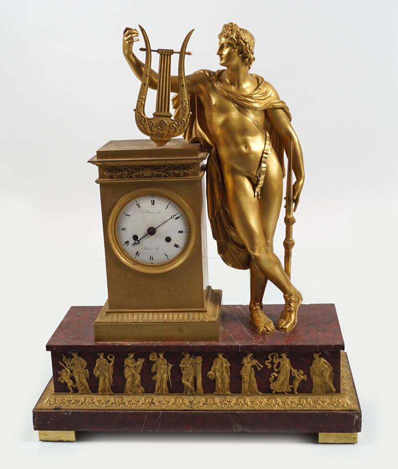 French ormolu mantel clock, with an enamelled dial inscribed by Thomire & Cie, mounted on a rouge marble base, at Sheppard's sale, €3,000-€5,000