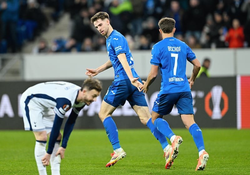 Hoffenheim's Anton Stach celebrates scoring the home side's first goal. Photograph: PA