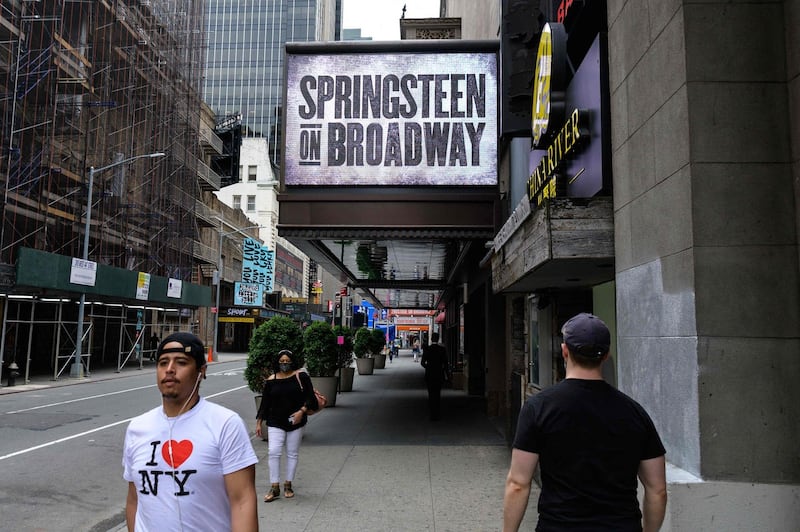 People walk past the St James Theatre after it announced Bruce Springsteen’s return to Broadway on June 26th with ‘Springsteen on Broadway’. Photograph: Angela Weiss/AFP via Getty