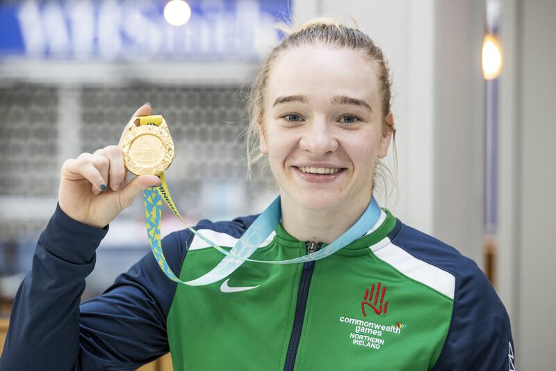 Amy Broadhurst arrives at George Best Belfast City Airport with her gold medal from the Birmingham 2022 Commonwealth Games. Photograph: Liam McBurney/PA Wire