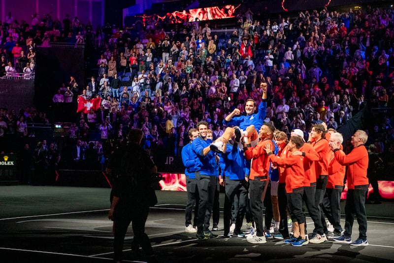 Roger Federer is lifted by fellow tennis players after playing as part of Team Europe at the Laver Cup. Photograph: James Hill/The New York Times