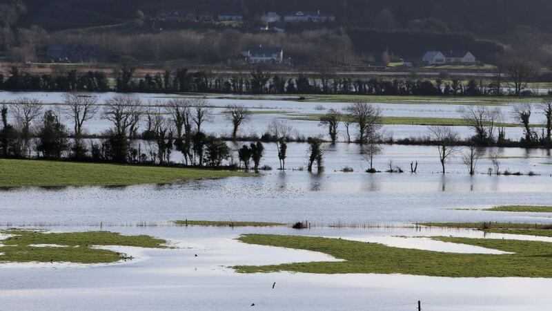 A view across flooded fields as the River Barrow burst its banks overnight. Photograph: Niall Carson/PA