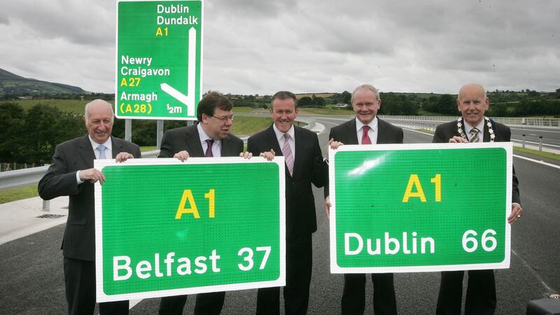 Politicians at the official opening of the stretch completing the connection of Dublin and Belfast. Photograph: Alan Betson