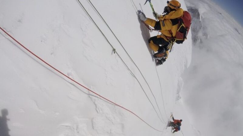 Jason Black climbing K2 after the bottle neck en route to the summit shoulder.