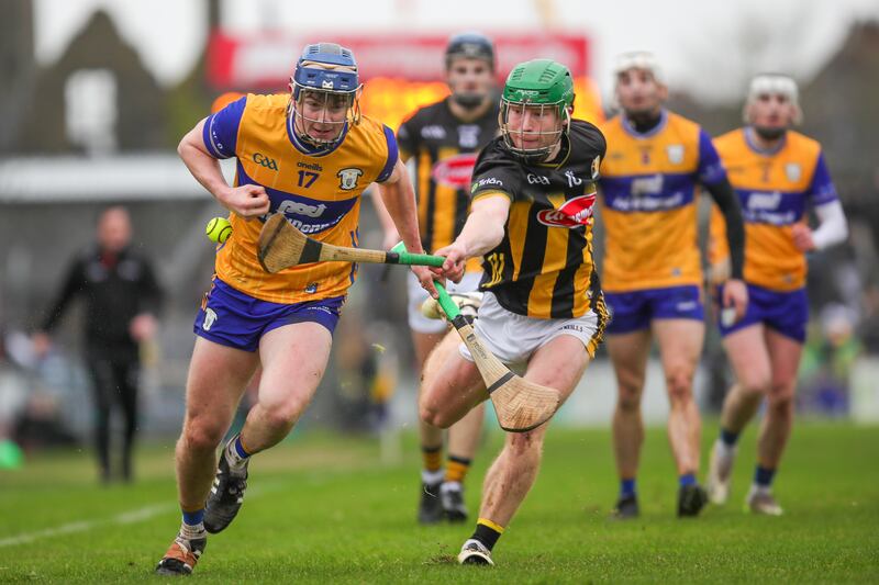 Clare's Jack O'Neill in action against Kilkenny's Martin Keoghan during the Division 1 fixture at Cusack Park, Ennis. Photograph: Natasha Barton/Inpho