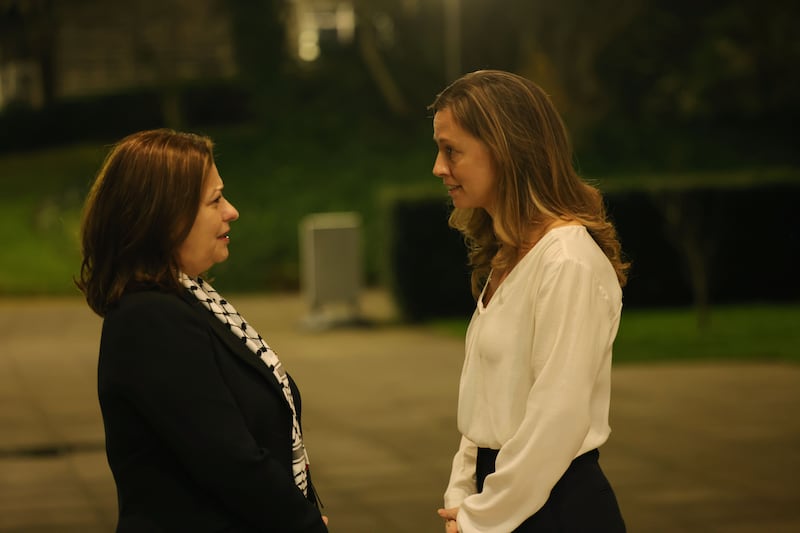 Holly Cairns greets Dr Jilan Wahba Abdalmajid, Palestinian ambassador to Ireland, at the Social Democrats national conference at UCD. Photograph: Alan Betson 