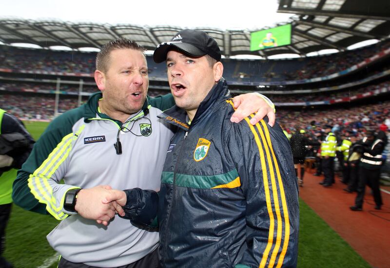 Kerry manager Eamonn Fitzmaurice with Cian O'Neill after the 2015 All-Ireland semi-final in 2015. 'As a non-Kerry person I’m pretty sure he got a bit of stick for bringing me in as a coach.' Photograph: Andrew Paton/Inpho