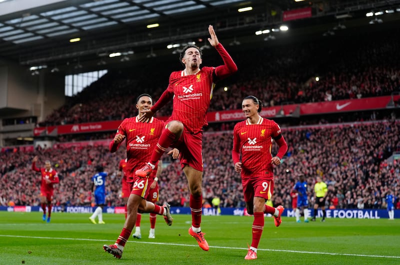 Liverpool's Curtis Jones celebrates scoring their side's second goal of the game. Photograph: Peter Byrne/PA