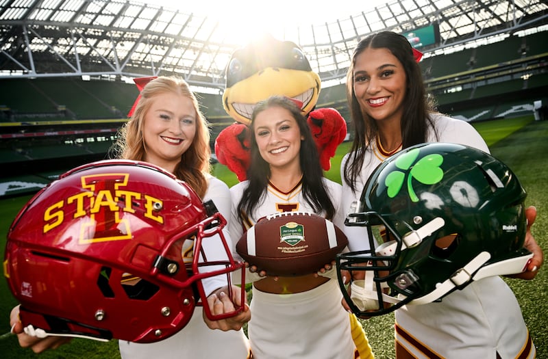 Iowa State University cheerleader members, Bailey Houston, Grace Krouse and Natalie Maxwell at the Aviva Stadium Dublin. Photograph: Ramsey Cardy/Sportsfile 