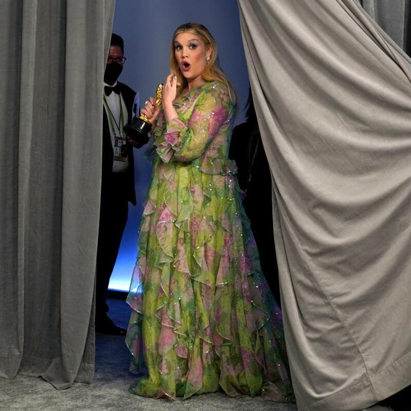 Emerald Fennell, winner of the award for best original screenplay for "Promising Young Woman," poses in the press room at the Oscars on Sunday, April 25, 2021, at Union Station in Los Angeles. (AP Photo/Chris Pizzello, Pool)