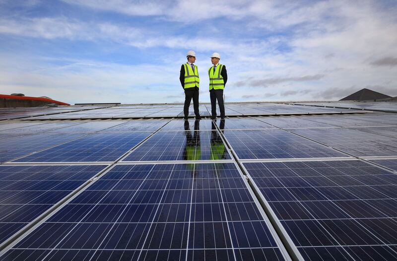 SuperValu's green initiatives include reduced and sustainable packaging, LED lighting, doors on fridges, less food waste and solar panels, such as these at its Fermoy premises. Photograph: Valerie O’Sullivan