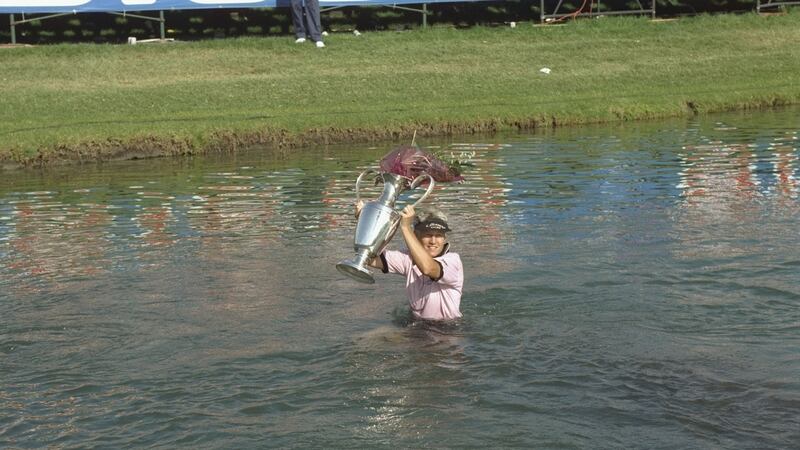 Patty Sheehan celebrates her 1996 victory  in the Nabisco Dinah Shore tournament at the Mission Hills Country Club by jumping in a lake by the 18th green. Photograph: Stephen Dunn /Allsport